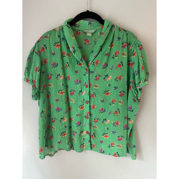April Cornell Green Floral Cap Sleeve Button Down Blouse - Picture 1 of 6